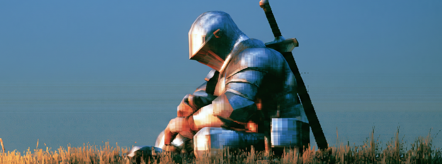 A pixel-quantised knight in plate armour sitting in a wheat field, sword resting against his back.